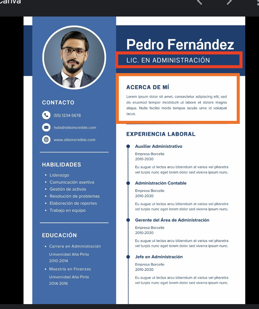 Ejemplo de CV con zonas roja y naranja marcadas